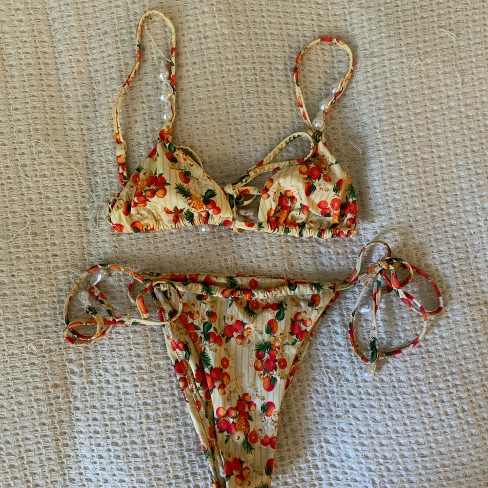 La Porte x Revolve Italian Orange Fruit Print Pearl Bikini Set Tie Top Bottoms